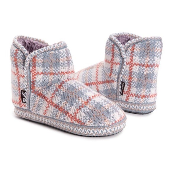 Muk Luks Leigh Faux Fur Slip On Slipper Bootie Multi Pastel Plaid Sz M 7/8 New - Picture 1 of 7